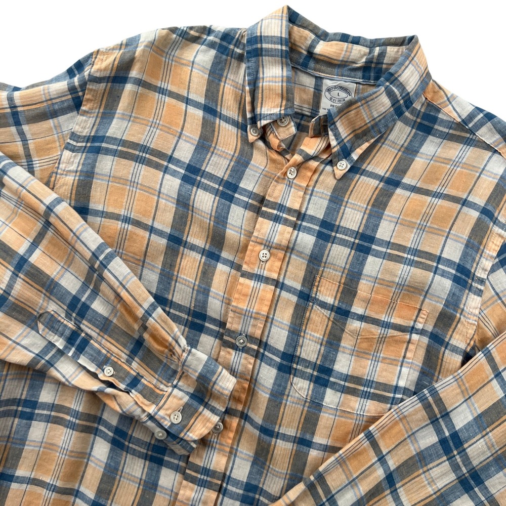 Brooks Brothers Regent Irish Linen Button Down Shirt Men Large Orange Blue Plaid